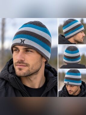 Hurley Striped Beanie in Blue & Gray Like New